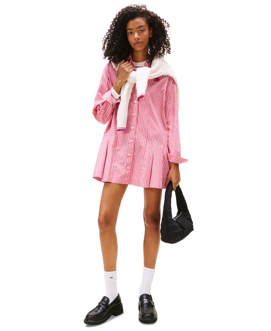 

Женское плиссированное хлопковое платье-рубашка с гербом Tommy Jeans, Vintage Cerise Stripe