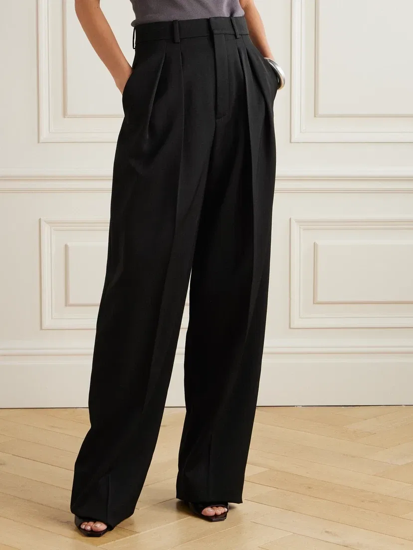 Шерстяные широкие брюки со складками SAINT LAURENT, черный — фото 3