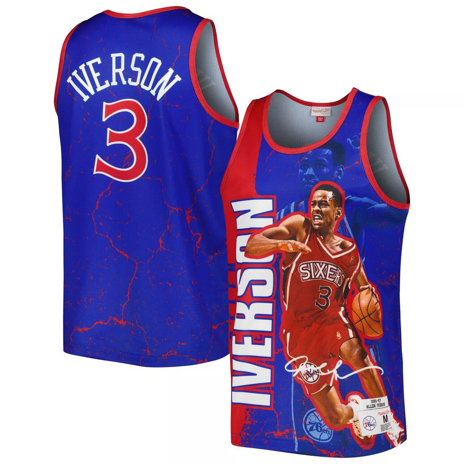 

Мужская майка Mitchell & Ness Allen Iverson Royal Philadelphia 76ers 1996-97 Hardwood Classics Player Burst