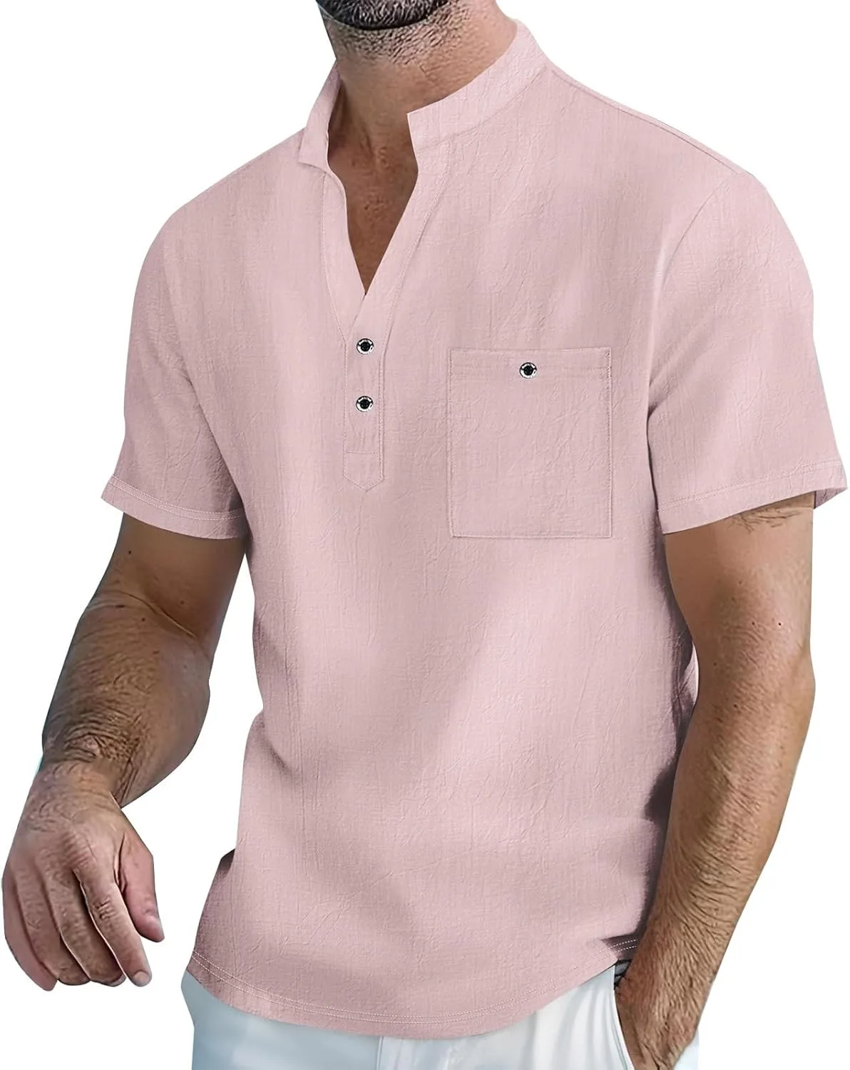 

Мужская льняная рубашка летняя легкая дышащая с V-образным вырезом и карманом