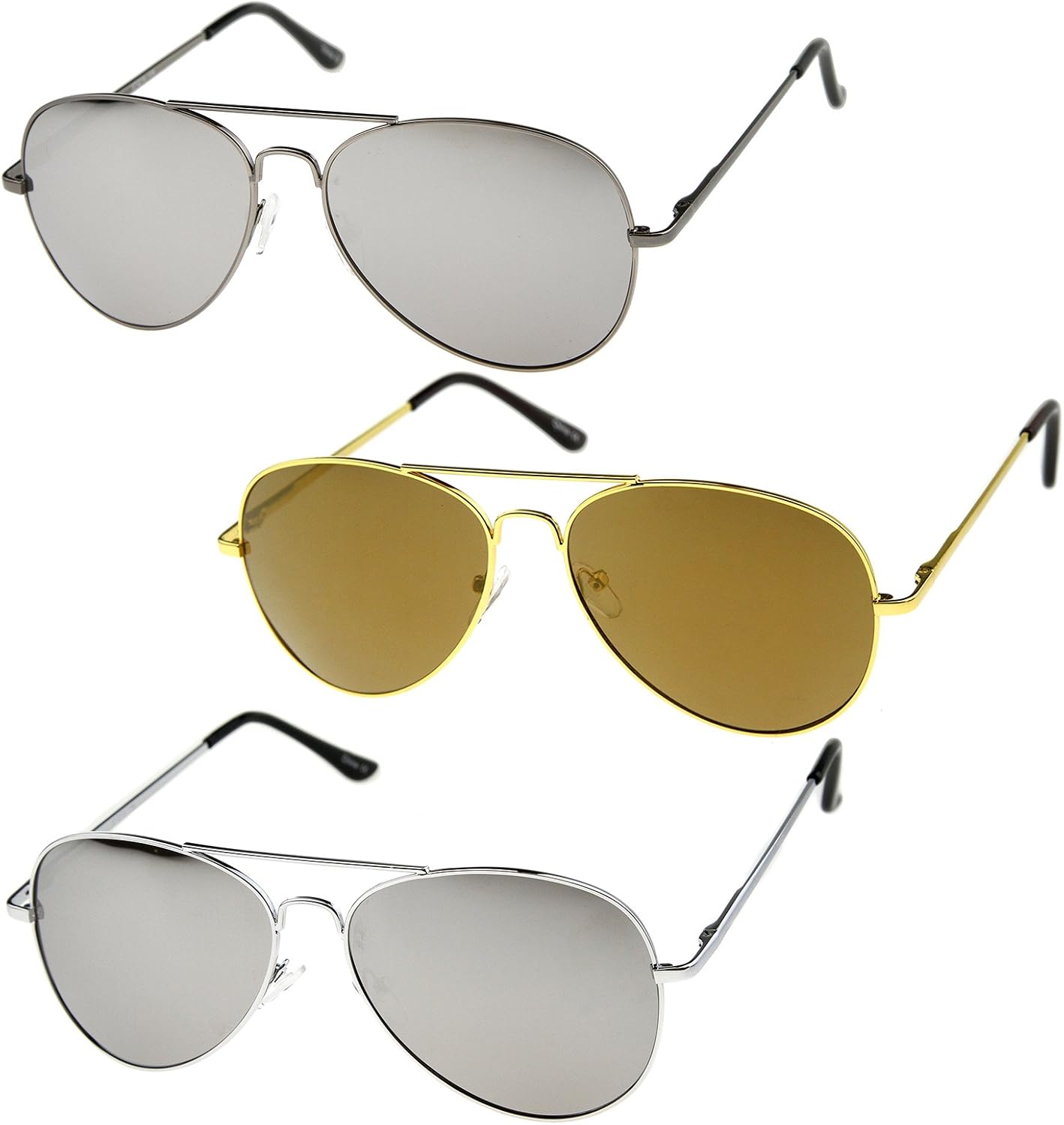 

Солнцезащитные очки-авиаторы zeroUV Classic с металлической оправой, пружинными шарнирами, цветными зеркальными линзами, диаметр линз 56 мм, 3-pack | Silver/Gold/Gunmetal