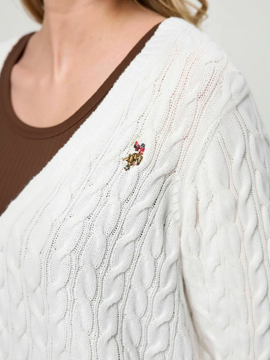 Вязаный кардиган U.S. POLO ASSN. 'UW V-neck' белого цвета — фото 4