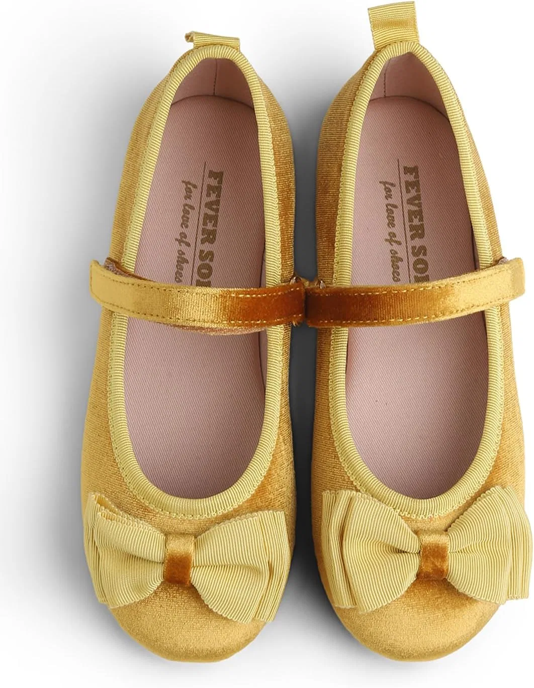 Детские балетки для девочек с бантом FEVERSOLE, Yellow Velvet Tri-Bow Maryjane — фото 2