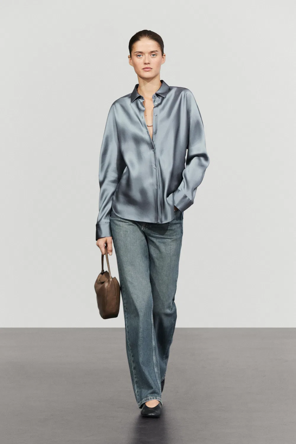 Рубашка Massimo Dutti, струящаяся, голубовато-серый