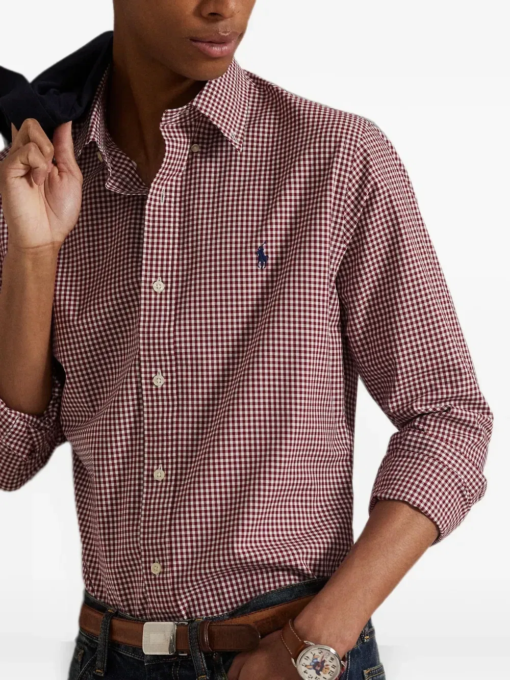 Рубашка-поло Polo Ralph Lauren в клетку гингем на пуговицах, красный — фото 4