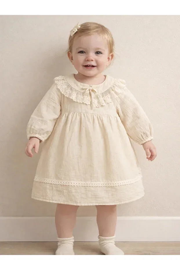 Детское платье для девочек с длинным рукавом Lumbi Baby, Ecru — фото 2