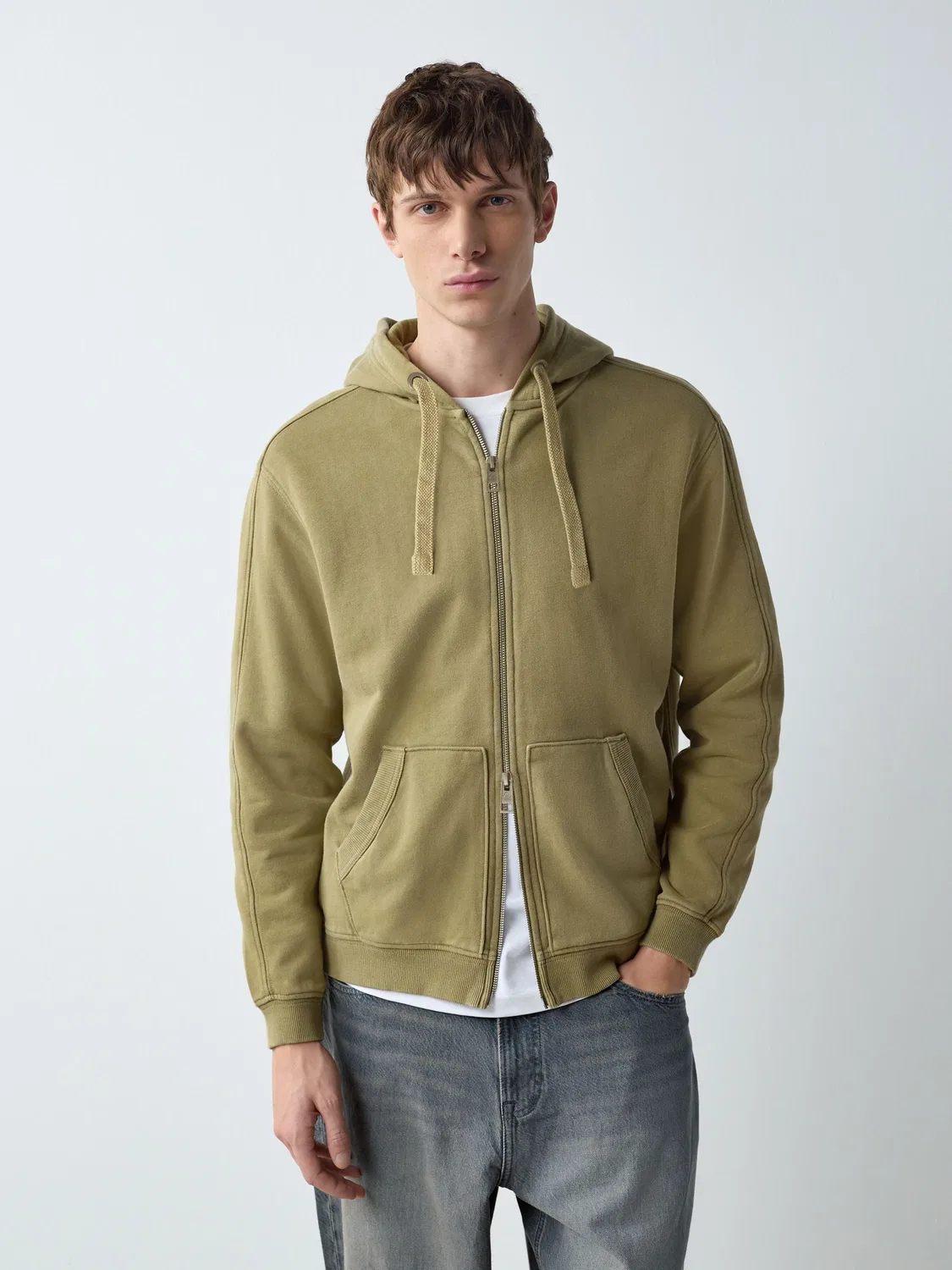 Худи на молнии, хлопковое, Green Garment Wash Next, зеленый