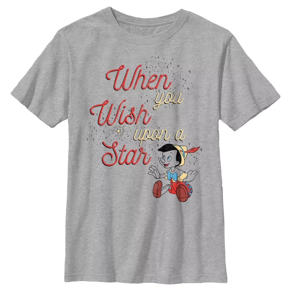 Детская футболка с принтом Pinocchio When You Wish Upon a Star Disney, Athletic Heather