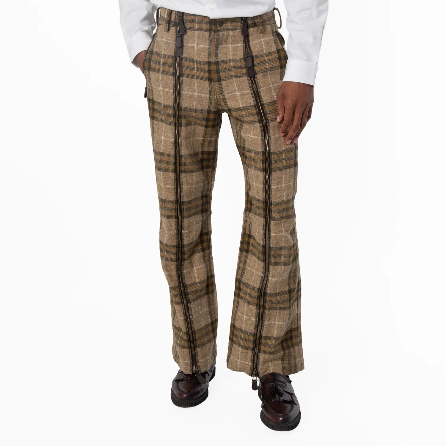 Брюки шерстяные в клетку с молнией Burberry, Camp Ip Check