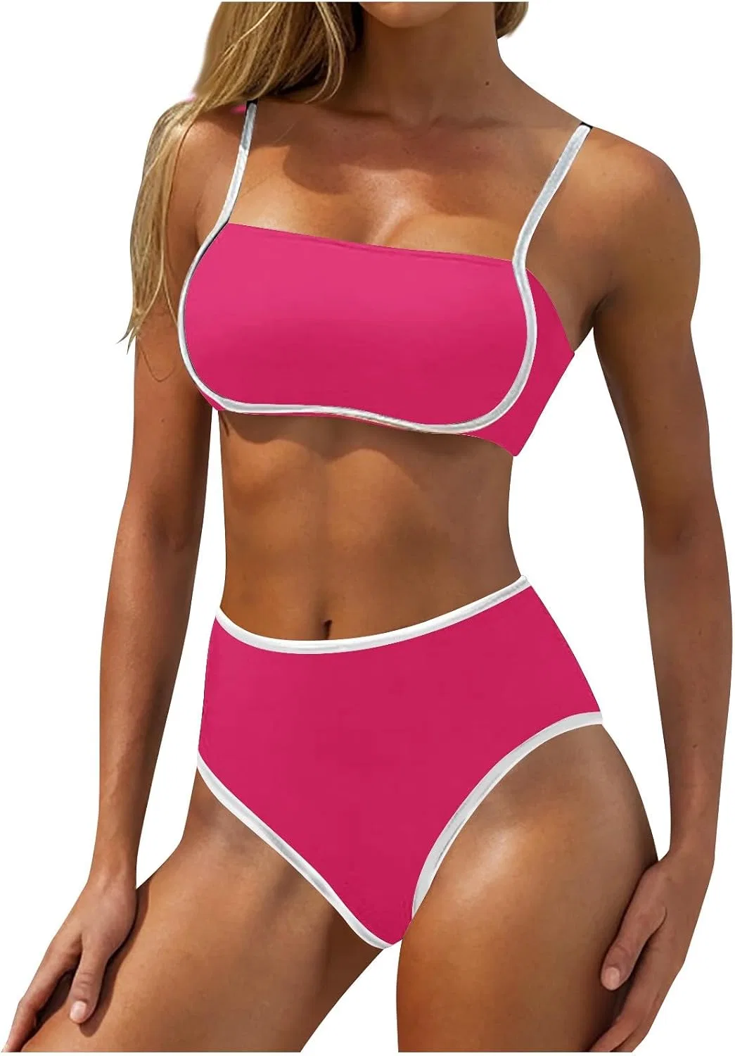 Женский танкини с завышенной талией, цвет-блок, FASHION, Hot Pink