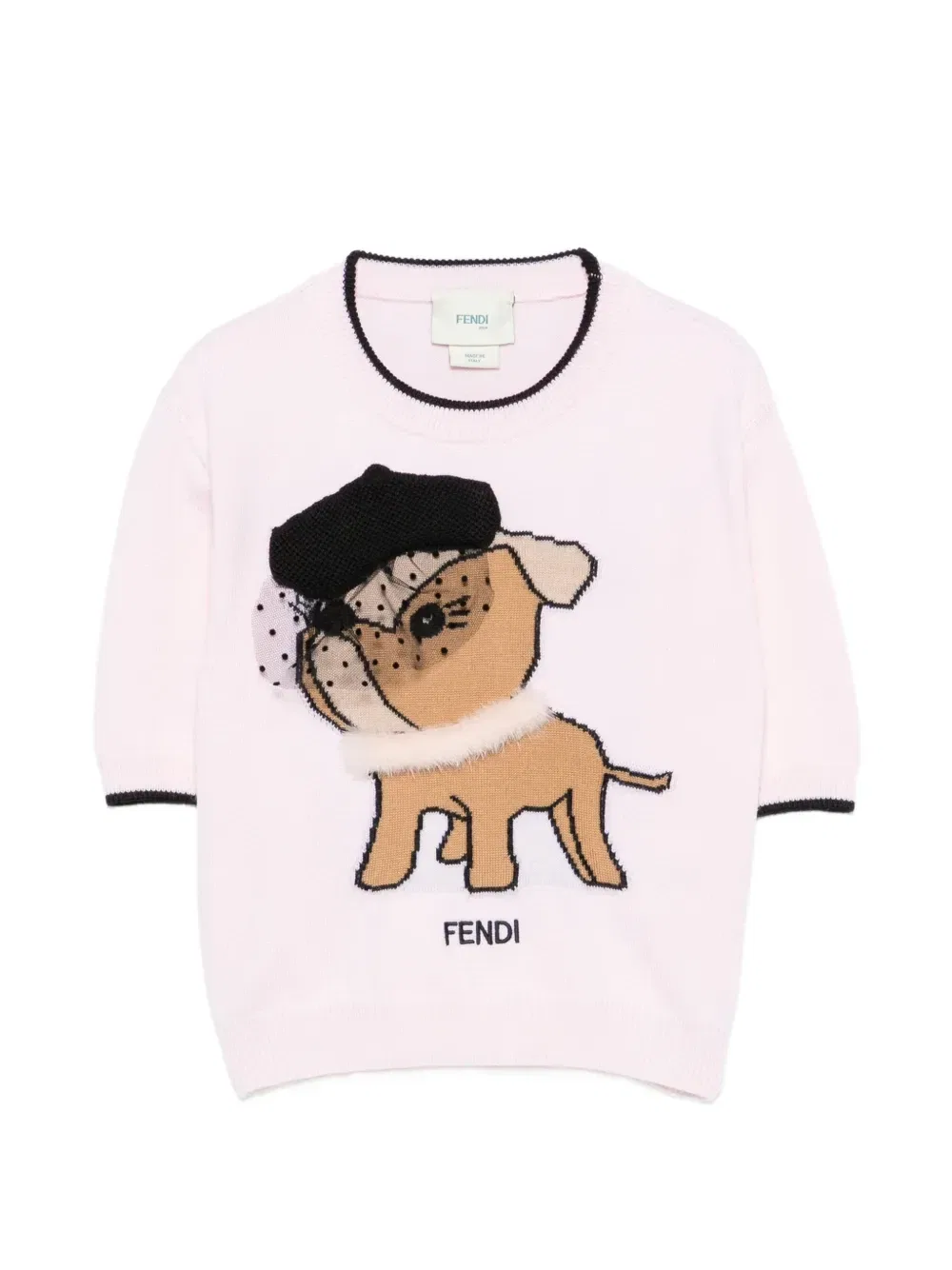 Шерстяной свитер с короткими рукавами и интарсией в виде собаки Fendi Kids, розовый