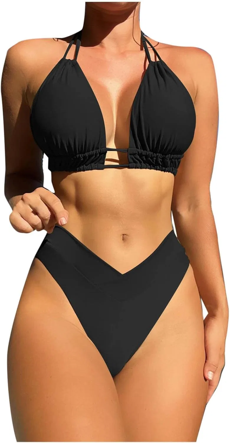 Женский бикини-комплект V-образным вырезом с завязками Halter, Black