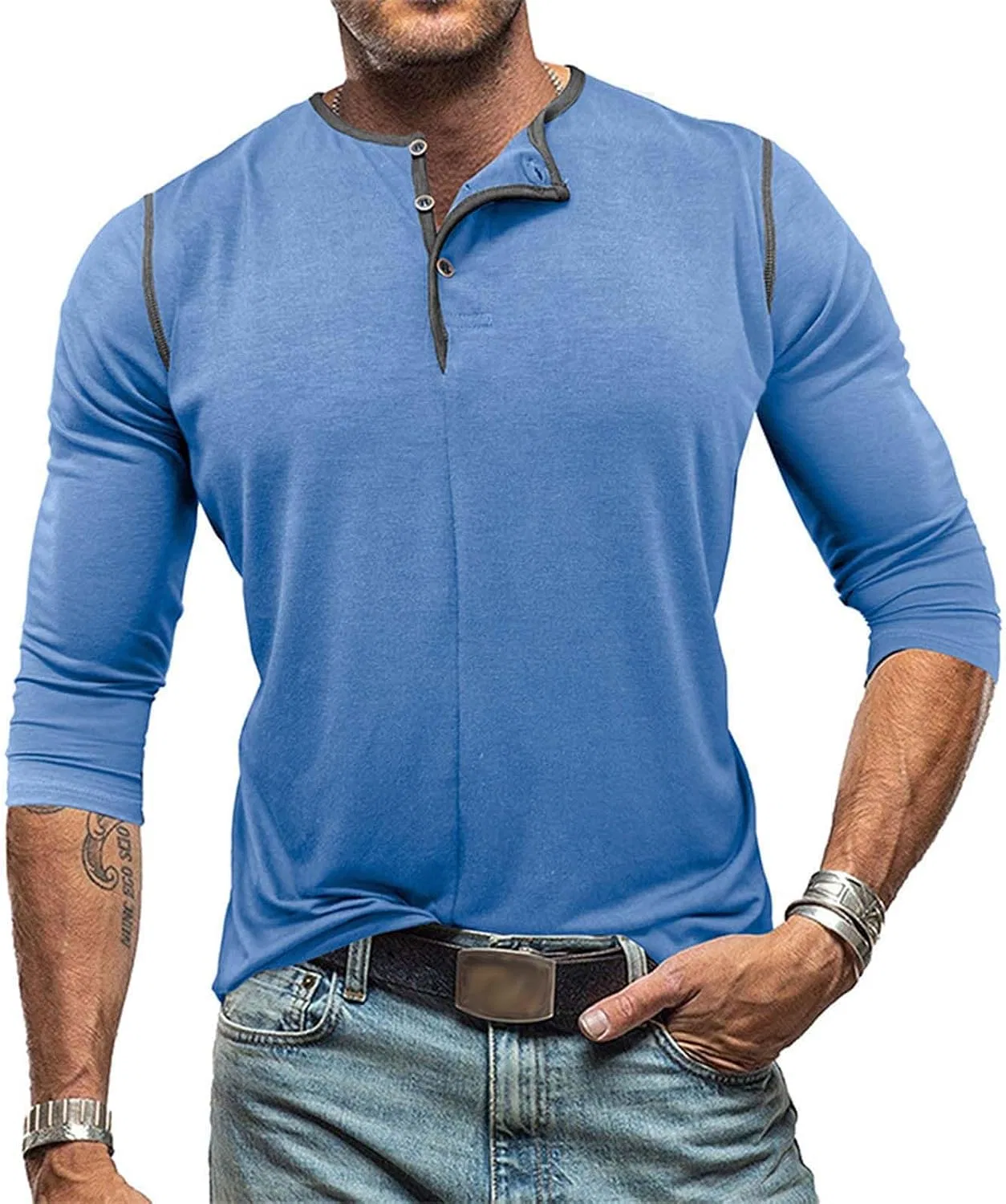 Мужская свободная рубашка-поло с длинным рукавом Long Sleeve Shirts for Men, Light Blue — фото 2