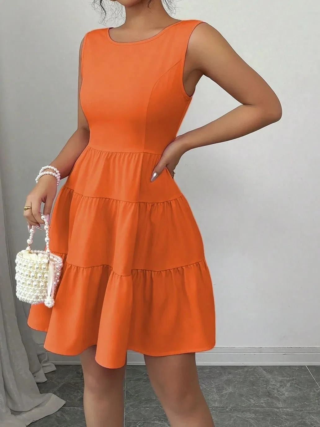 Женское мини-платье А-силуэта с рюшами, без рукавов, Orange — фото 3
