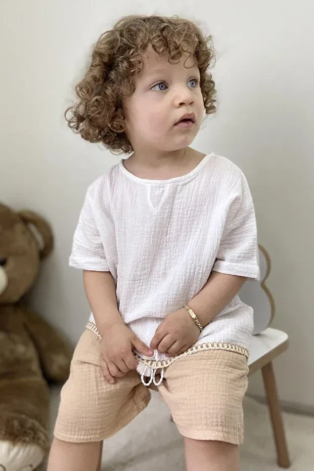Детская хлопковая рубашка с принтом Unisex Stripe Detailed Children's Muslin Shirt Stripe Meqlife, Off White