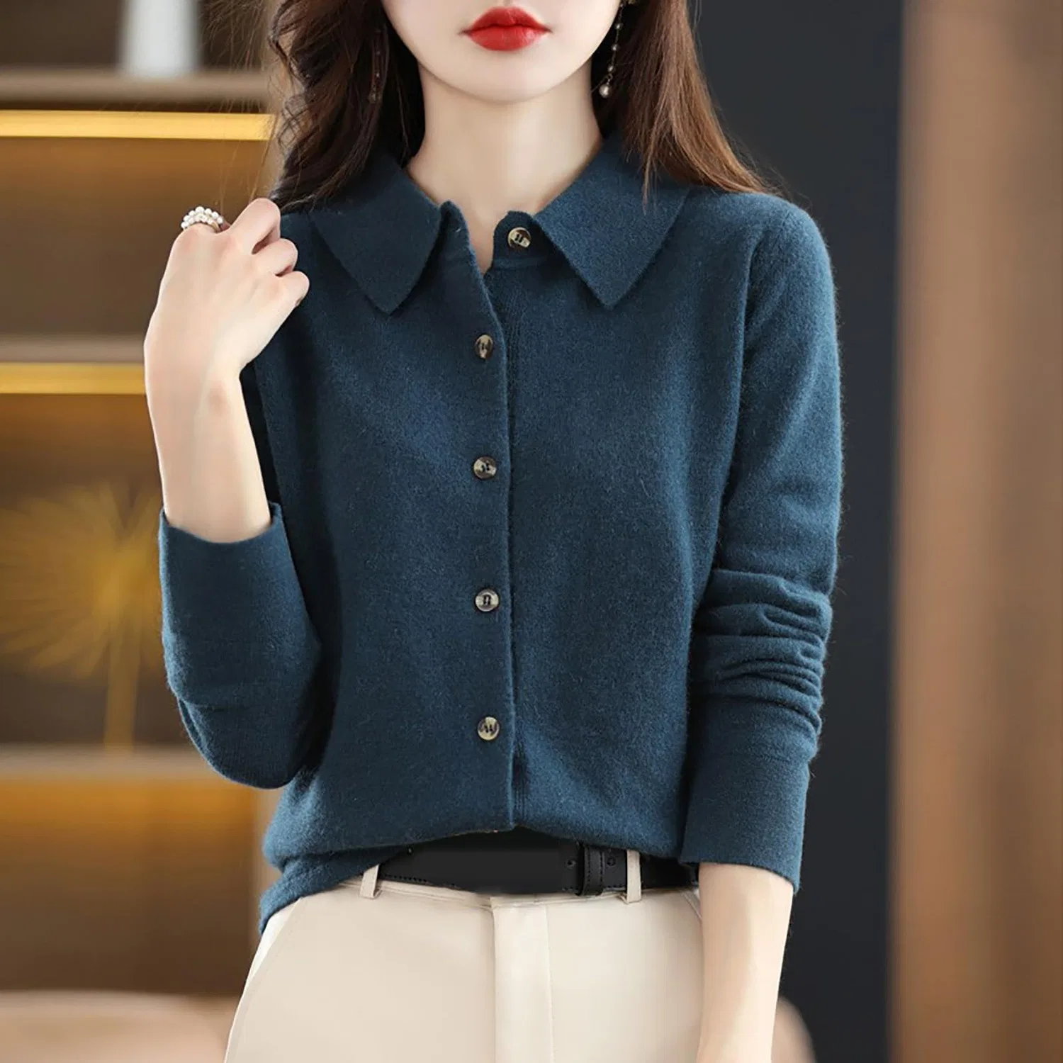 Женский кардиган с длинным рукавом Knitted Sweater for Women, dark blue — фото 2