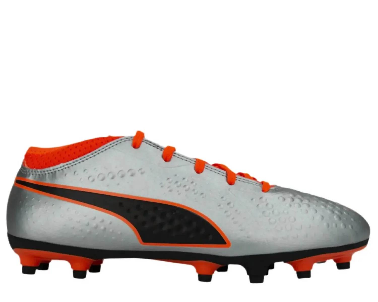 Детские футбольные бутсы для мальчиков на фиксированной подошве One 4 Syn Fg Jr Silver Shocking Orange Puma, Black