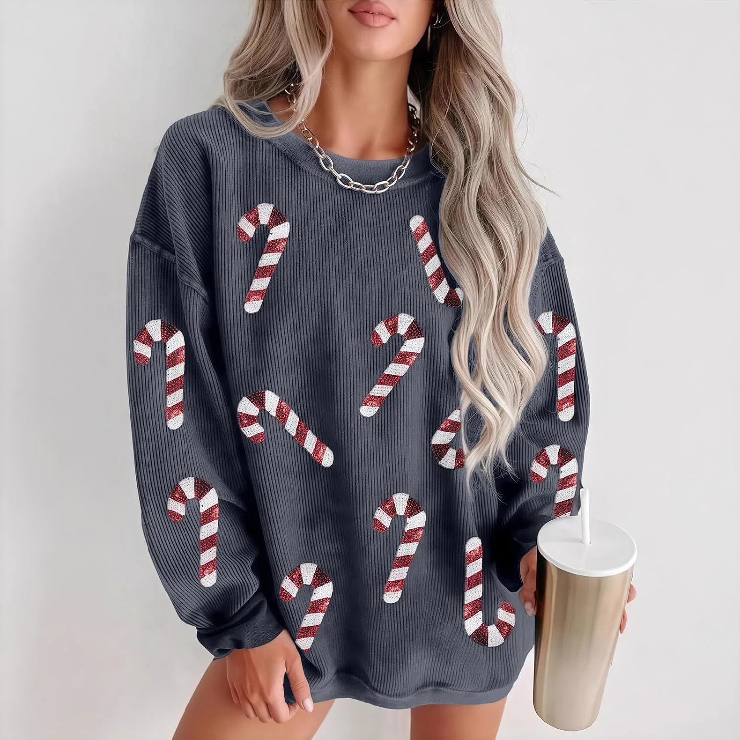 Женский свитшот с принтом Christmas Sweatshirts For Women, серый — фото 2