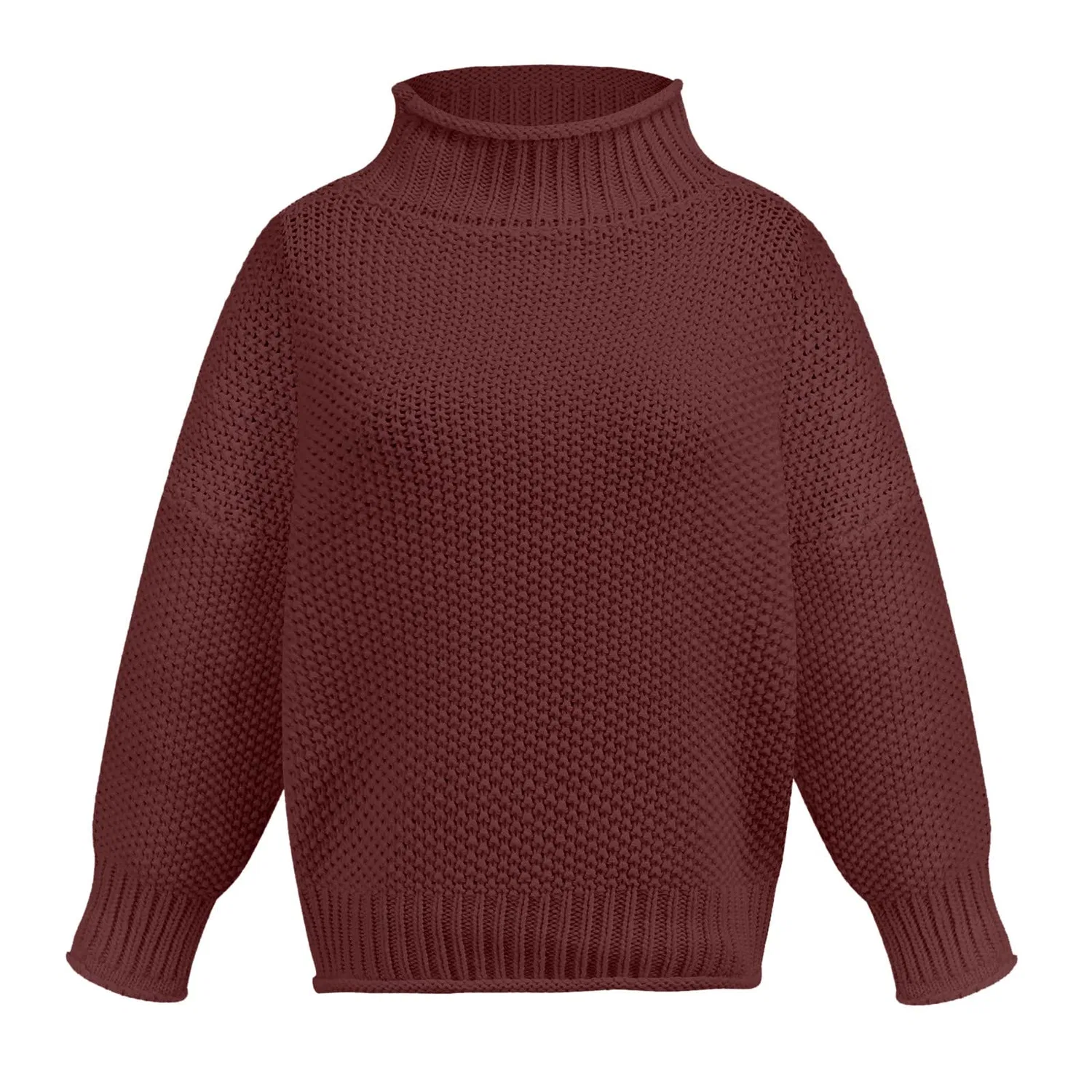 Женский свитер оверсайз с длинным рукавом Plain Crew Neck Solid Loose Fit Winter Sweaters, Wine — фото 4