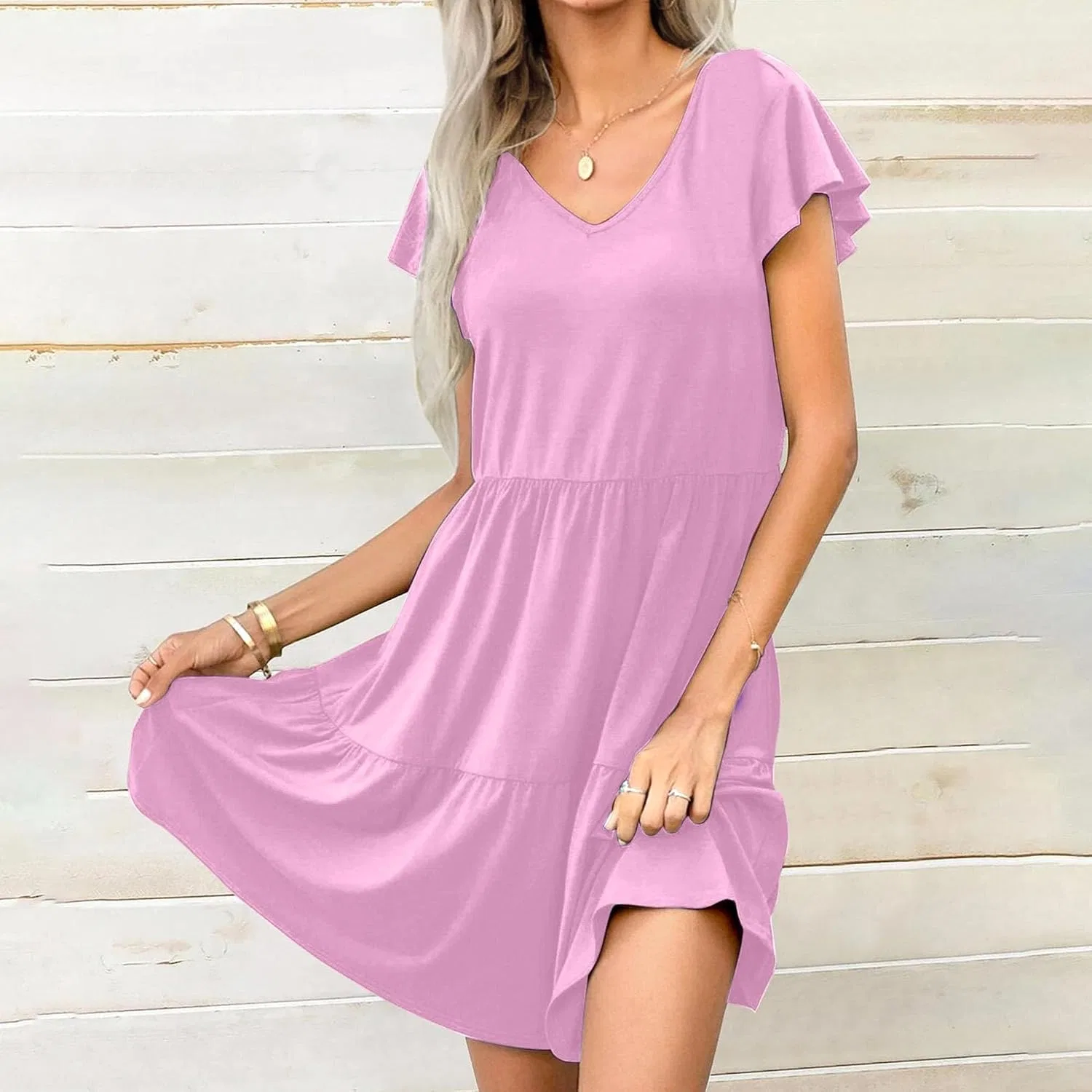 Женское повседневное платье с рюшами V-образным вырезом, Pink — фото 2