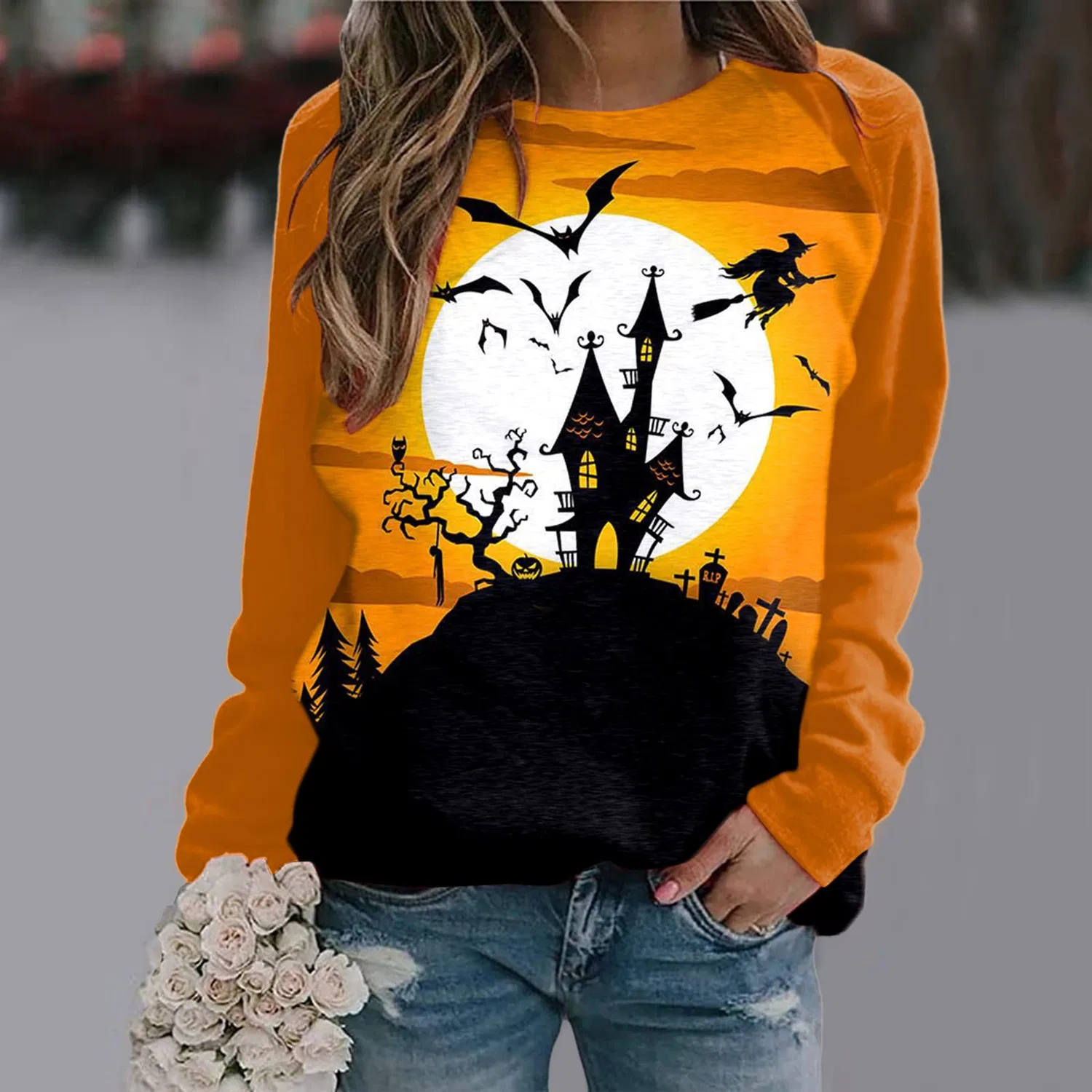 Женский худи с капюшоном с принтом Halloween, с длинным рукавом, White — фото 2