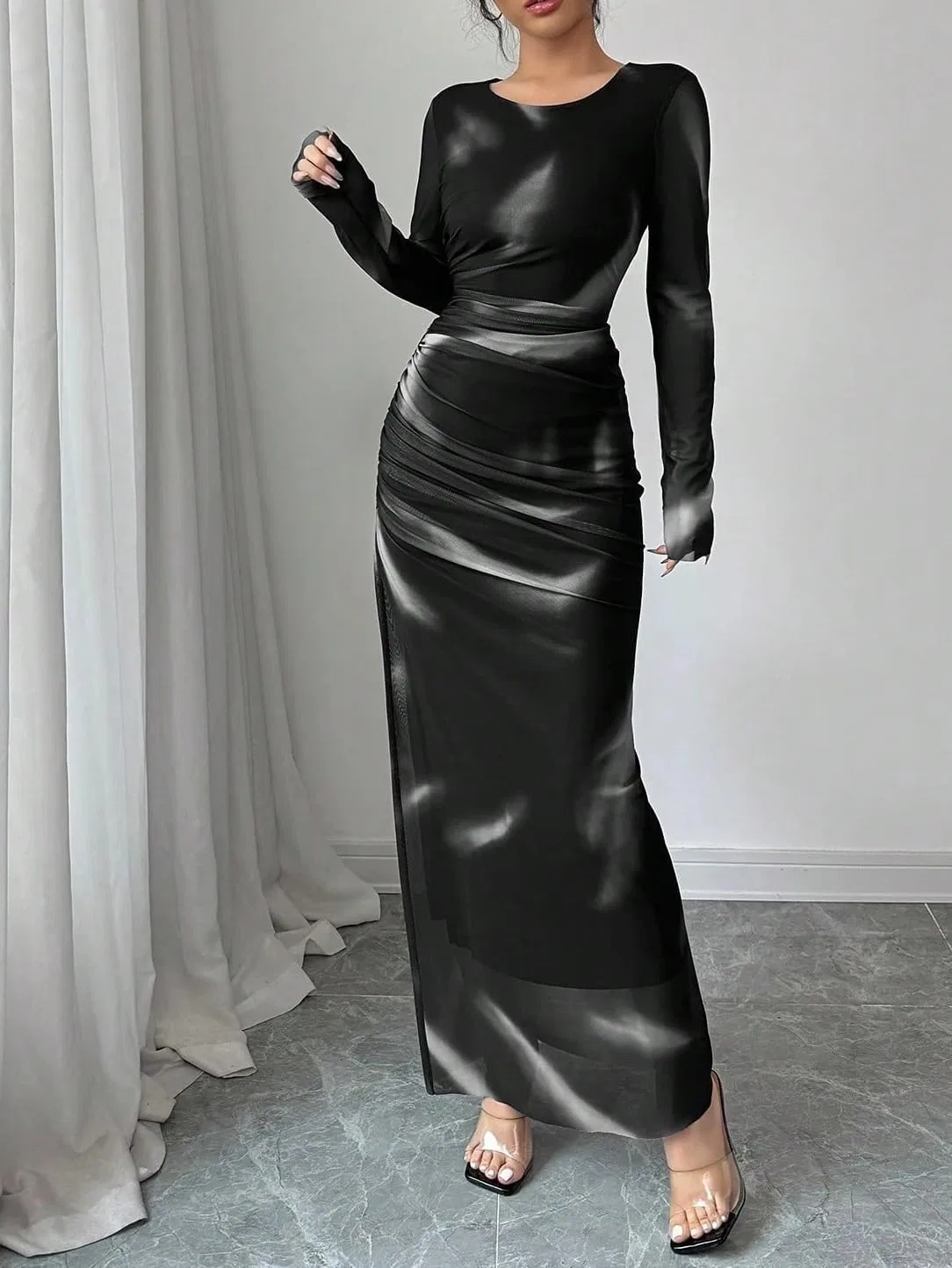 Женское облегающее платье макси с длинным рукавом Mesh, Black — фото 3
