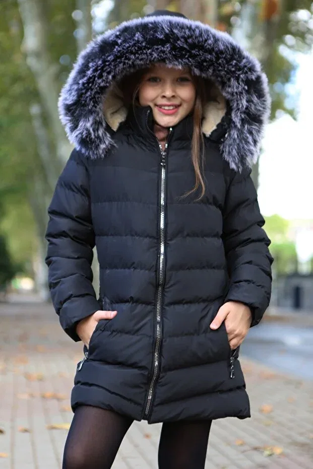 Детское пальто для девочек с принтом Extra Soft Filling Silver Zippered Plush Hooded Faux Fur Coat Inside Transacoustic, Black — фото 2