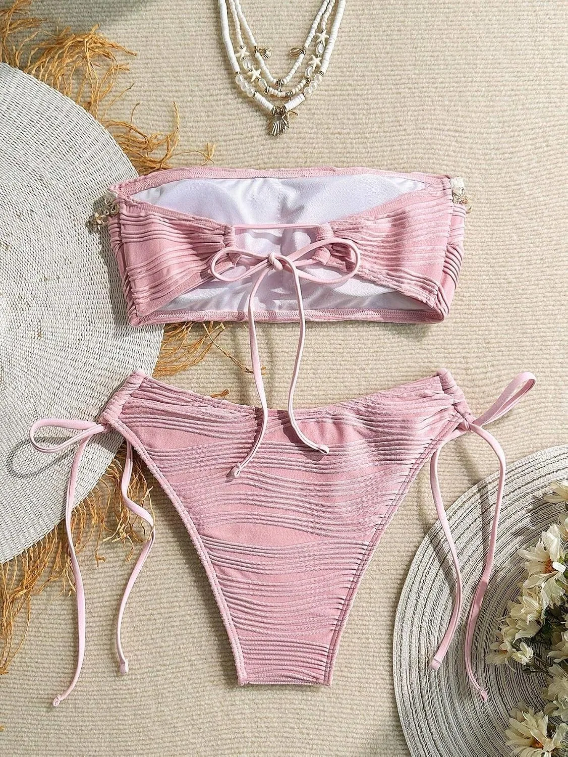 Женский бикини-сет с высокой талией, кружевной завязкой, Pink — фото 2