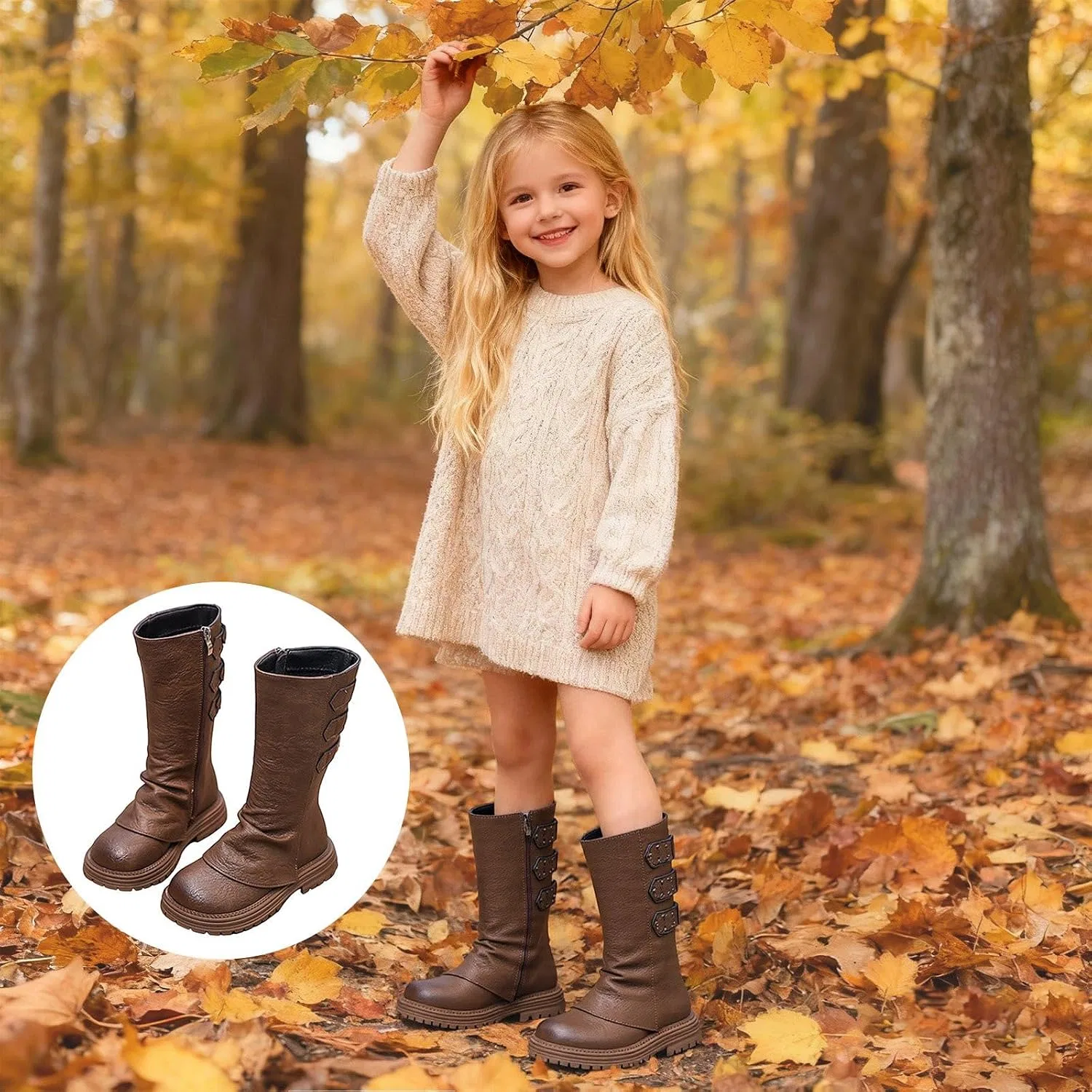 Детские ботинки для девочек с принтом, модель Girls Knee Length Boots Mid Calf Riding Boots PU Leather Zipper Punk Goth Boot Fall Winter Bowknot Combat Boot Little Big Kid, Khaki — фото 2