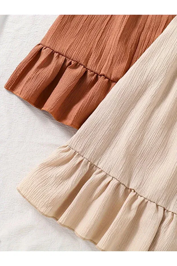 Детское платье для девочек с оборками Relaxed cut ruffled rope strap woven fabric 2-piece children's dress Machetta, Brown-Stone Color — фото 4