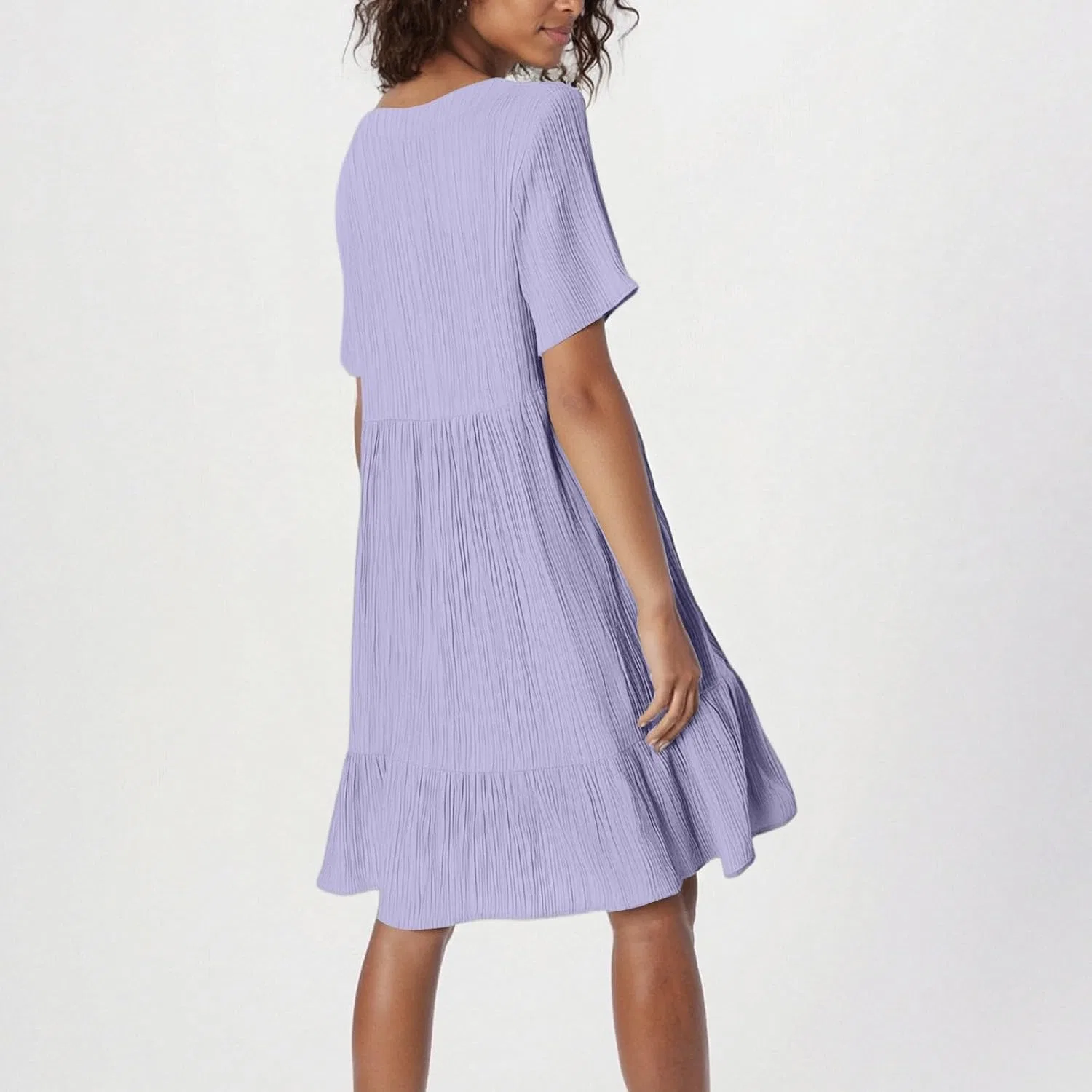 Женское летнее мини-платье свободного кроя V-образным вырезом, A007-light Purple — фото 4