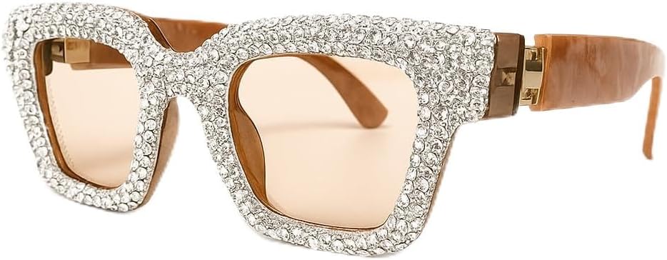 

bullabulling Модные солнцезащитные очки со стразами для женщин, прямоугольные, с кристаллами и бриллиантами, защита от УФ-излучения UV400, ретро-стиль, блестящие очки для вечеринок, Tea