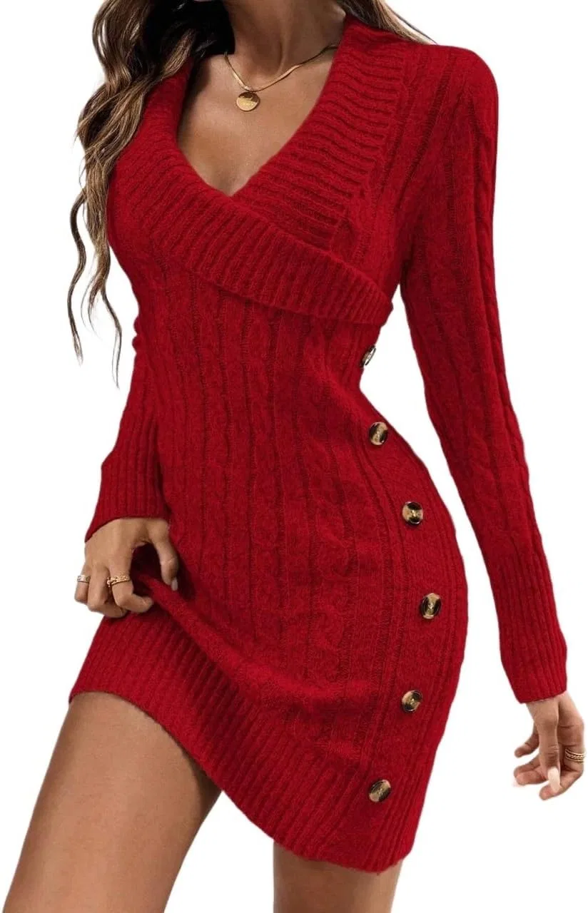 Женское короткое платье-свитер с длинным рукавом, асимметричный вырез, Red