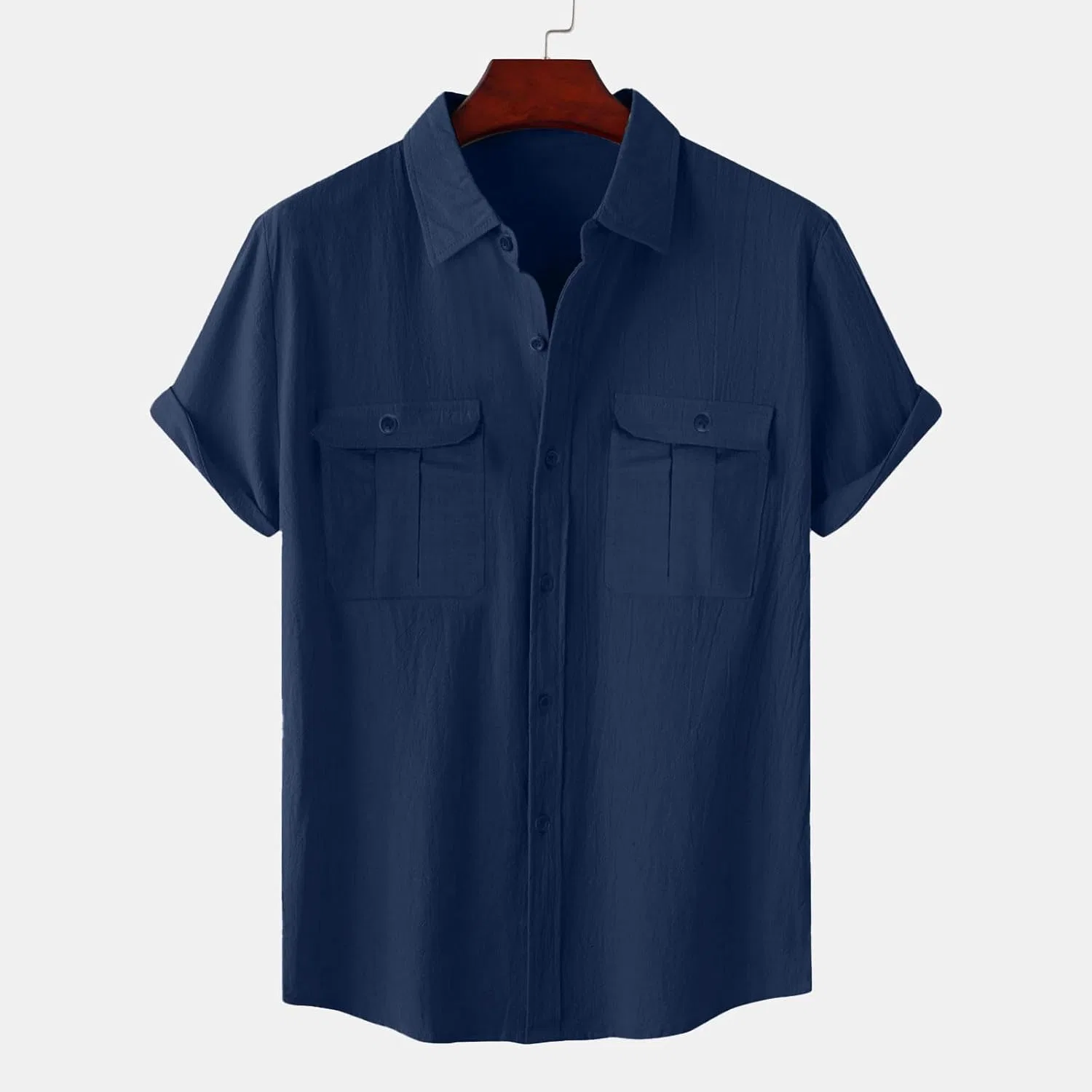 Мужская хлопковая рубашка с коротким рукавом и воротником-стойкой Generic, Navy — фото 3