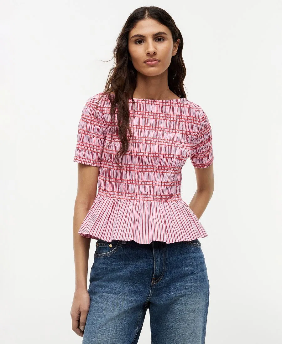 Топ с плиссировкой и полосками, с лодочкой, короткий рукав, 100% хлопок Tommy Hilfiger, Pink Multi Stripe