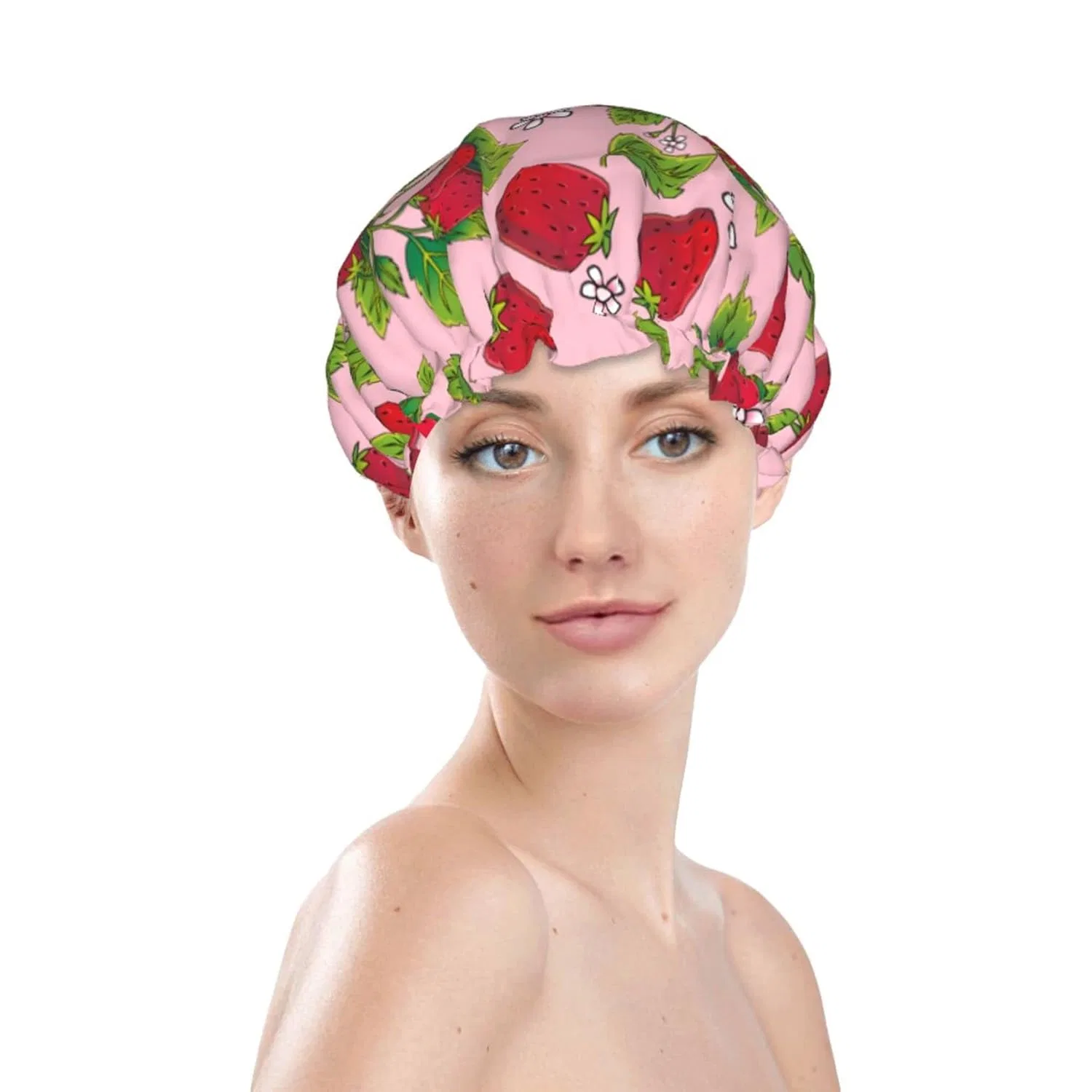 Детская шапочка для плавания с клубничным цветком, многоразовая Oudrspo, Red Strawberry Flower — фото 3