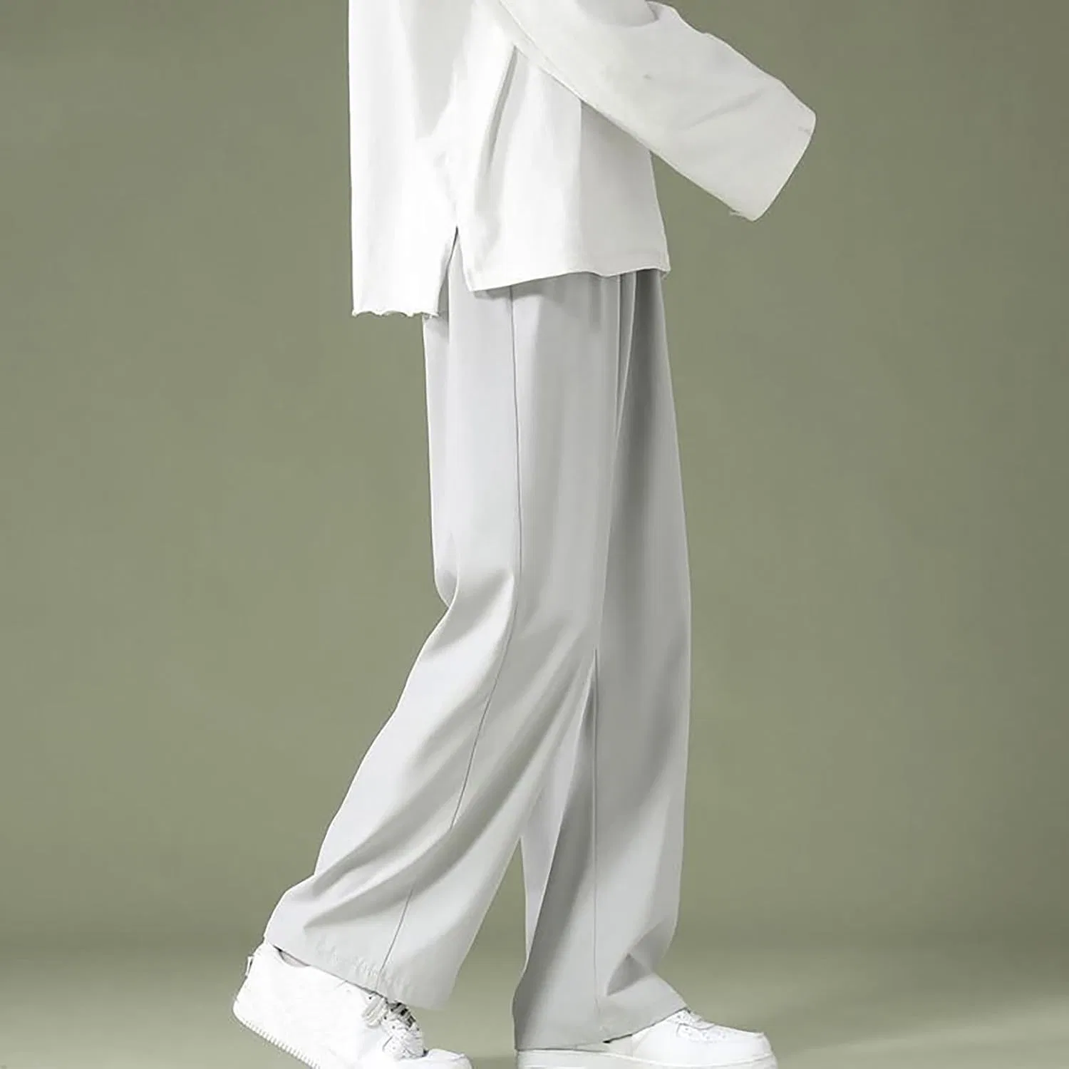 Мужские летние брюки из льна с широкими штанинами, Straight Trousers, серый — фото 2