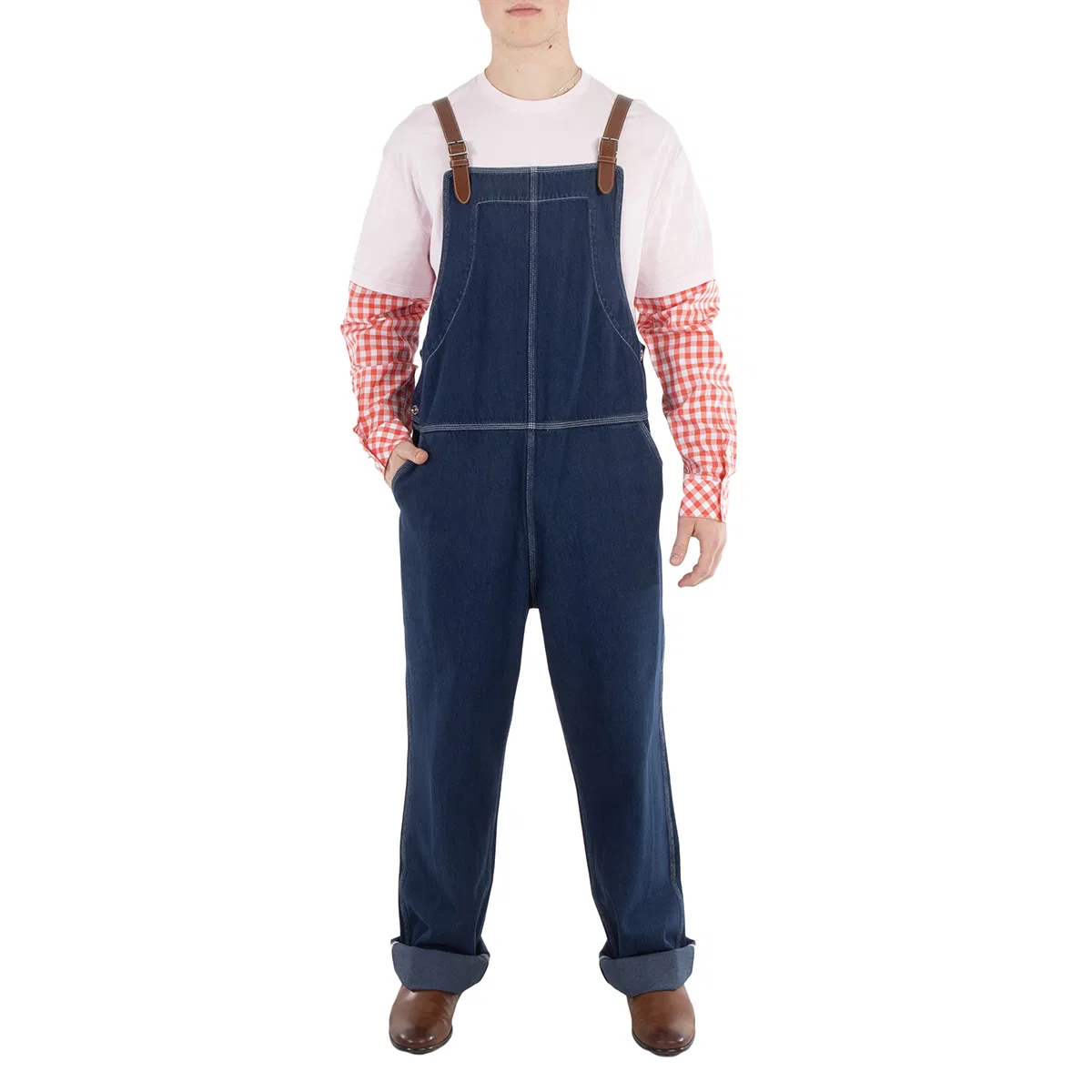 Комплект джинсовый комбинезон с кожаной отделкой Dark Canvas Blue Leather-Trim Denim Dungarees Burberry, Dark Canvas Blue
