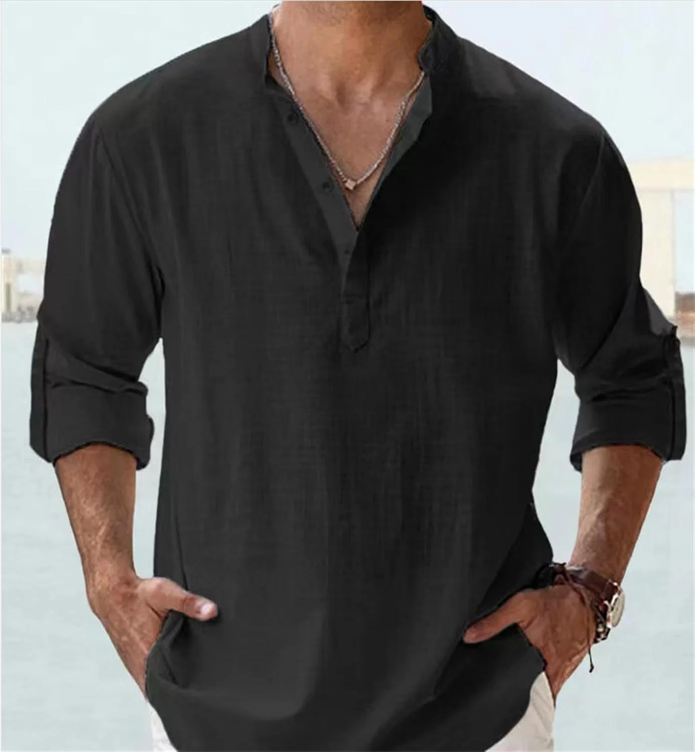 Мужская спортивная футболка с длинным рукавом Quarter Button Pullover, Black — фото 2