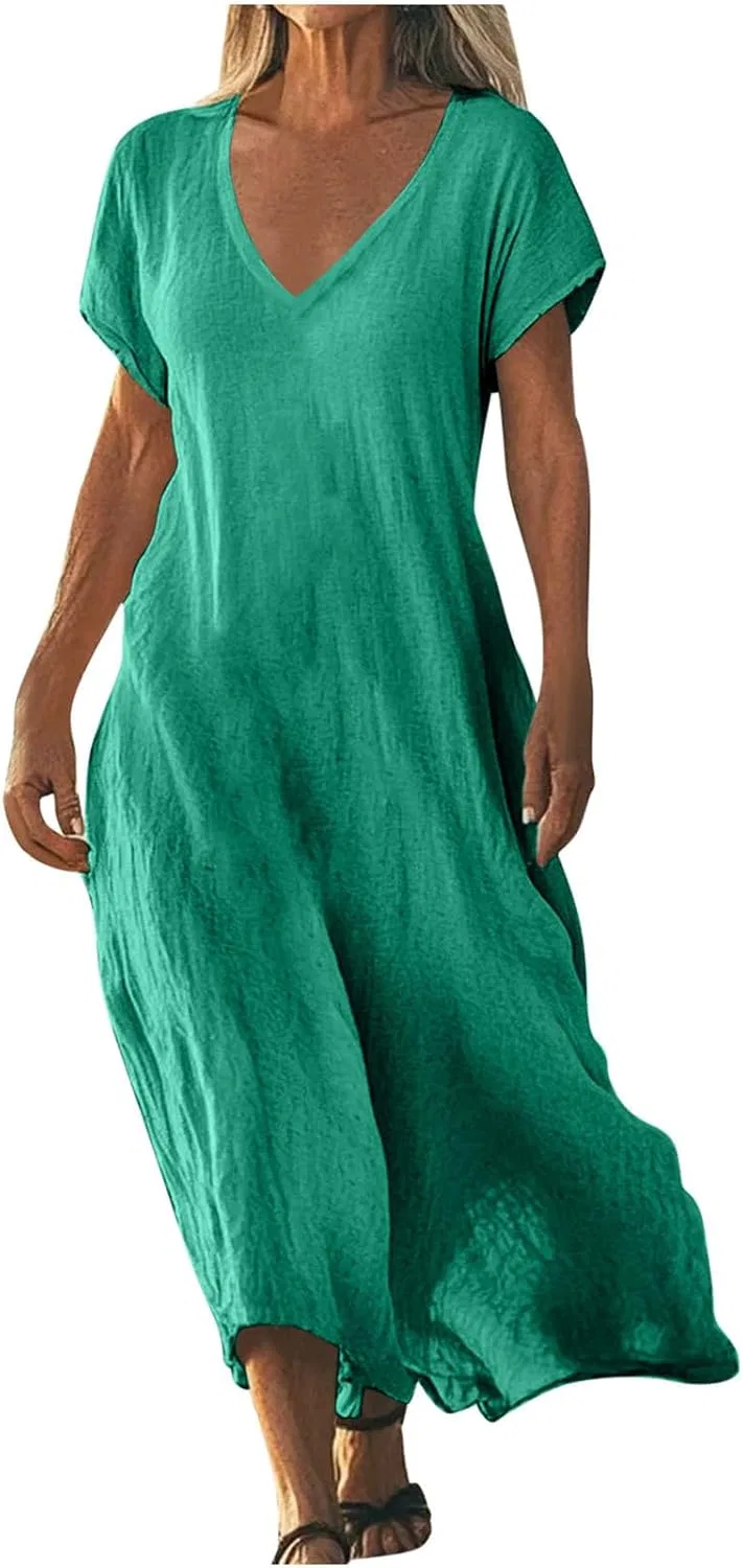 Женское льняное платье миди с V-образным вырезом, Light Green