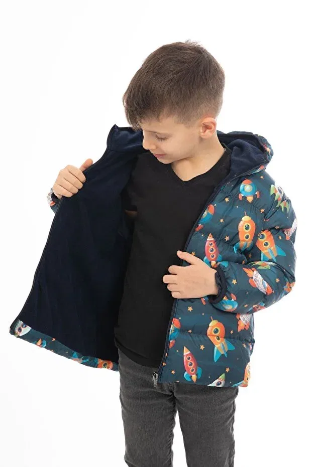 Детское пальто-пуховик для мальчиков с принтом Boy'S fleece hooded rocket patterned winter puffer jacket & coat & parka Royalside, Navy Blue — фото 3