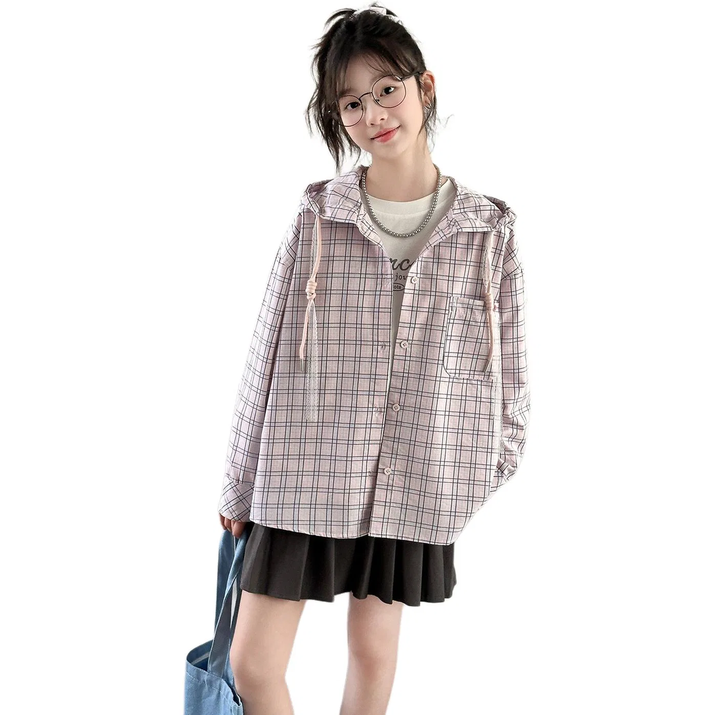 Детская рубашка Casual Shirts Hooded Moderate Blue Plaid Shirt PLANDOO — фото 3