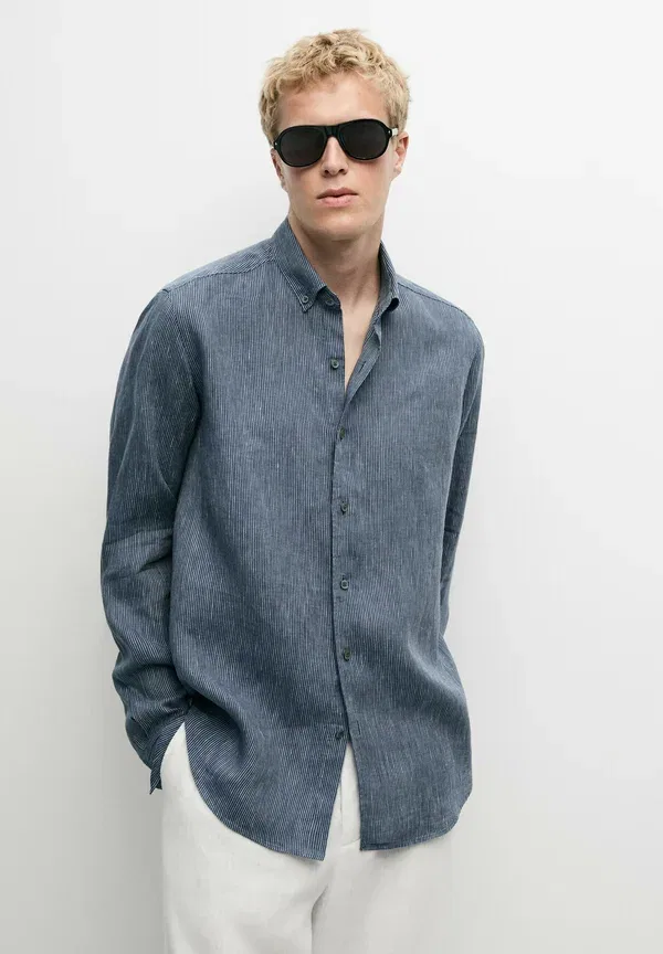 Рубашка из льна с полосками Massimo Dutti, Mottled Dark Blue, темно-синий