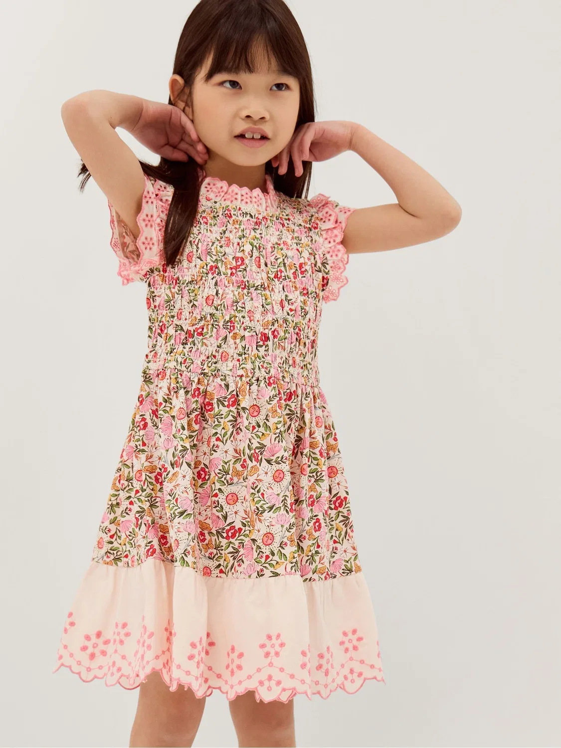 Платье с вышивкой Monsoon Pink Floral Broderie Smocked Jersey Monsoon, розовый