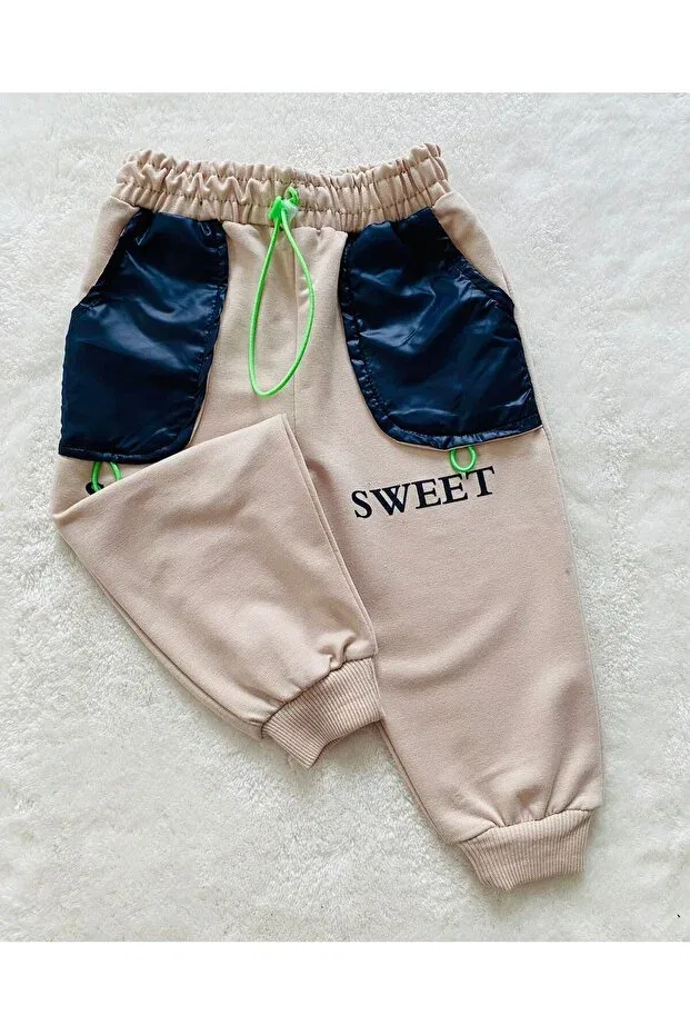 Детские спортивные штаны для девочек с принтом Parachute pocket detailed unisex baby and child single sweatpants Bediş Baby Clothes, Stone