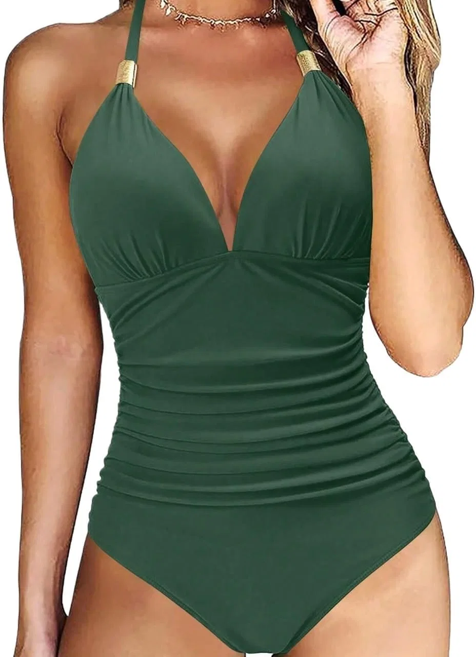 Женский слитный купальник с открытой спиной и драпировкой Halter Tie, Green