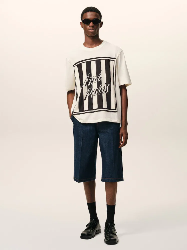 Футболка с принтом Boxy Fit Short Sleeves AMI PARIS, Blanc Creme/Noir