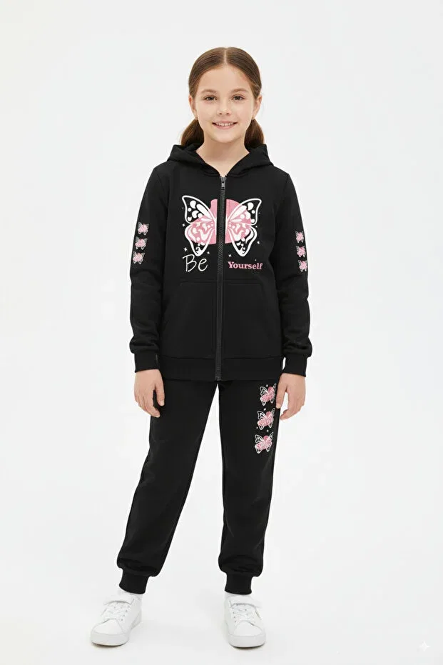 Детский спортивный костюм для девочек с принтом Zipped butterfly print detail hooded girls' tracksuit set Fyk Kids, Black — фото 2