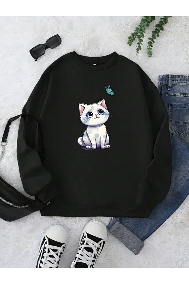 Детское худи для девочек с принтом Cat Butterfly Printed Unisex Winter Sweatshirt Kids, Black