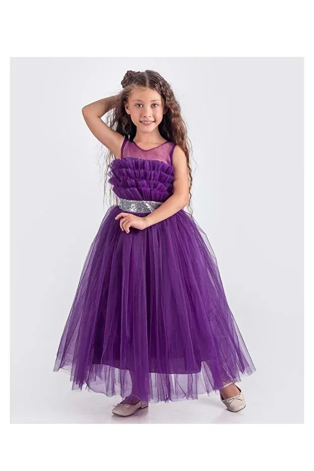 Детское платье для девочек без рукавов Sapes model back gipeli tulle girls' strap satin evening dress mnk0618 Mnk Baby&Kids, Purple — фото 2